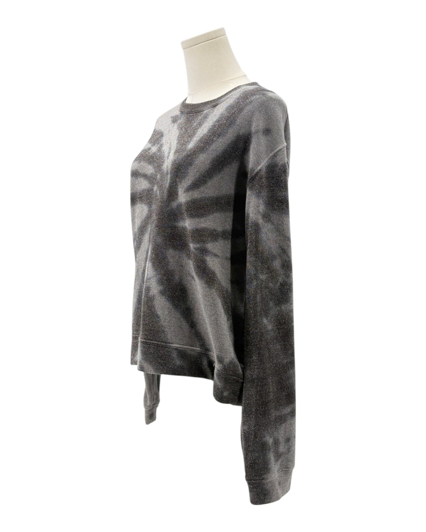 Gray tie-dye sweatshirt on a mannequin against a white background