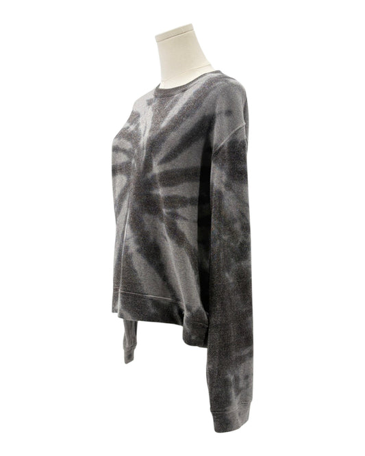 Gray tie-dye sweatshirt on a mannequin against a white background