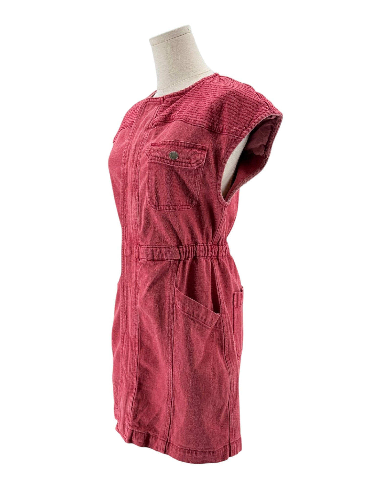 Red sleeveless dress on a mannequin against a white background