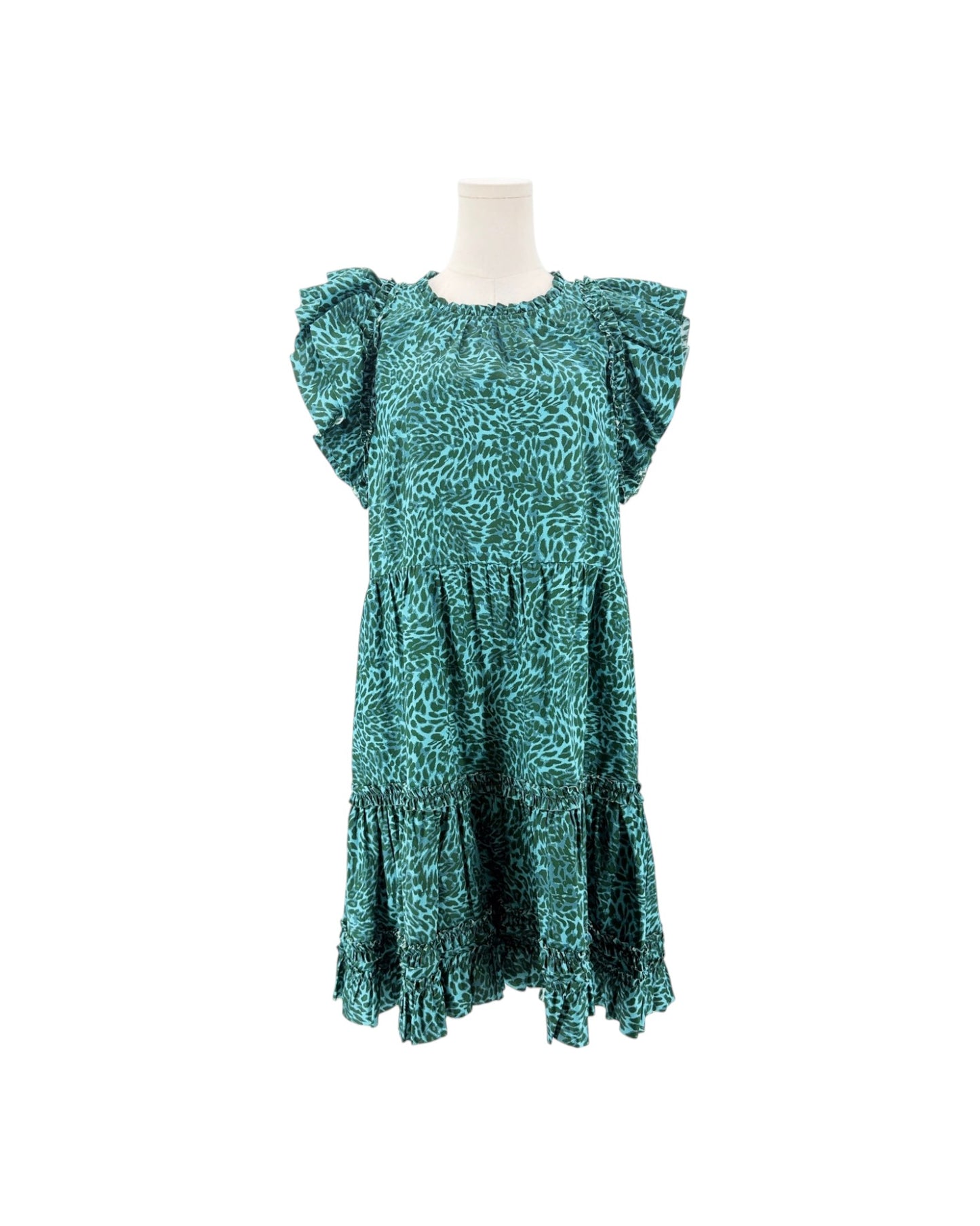 A teal green dress with an abstract animal print pattern, featuring puffed cap sleeves and a tiered skirt, displayed on a mannequin torso against a white background.