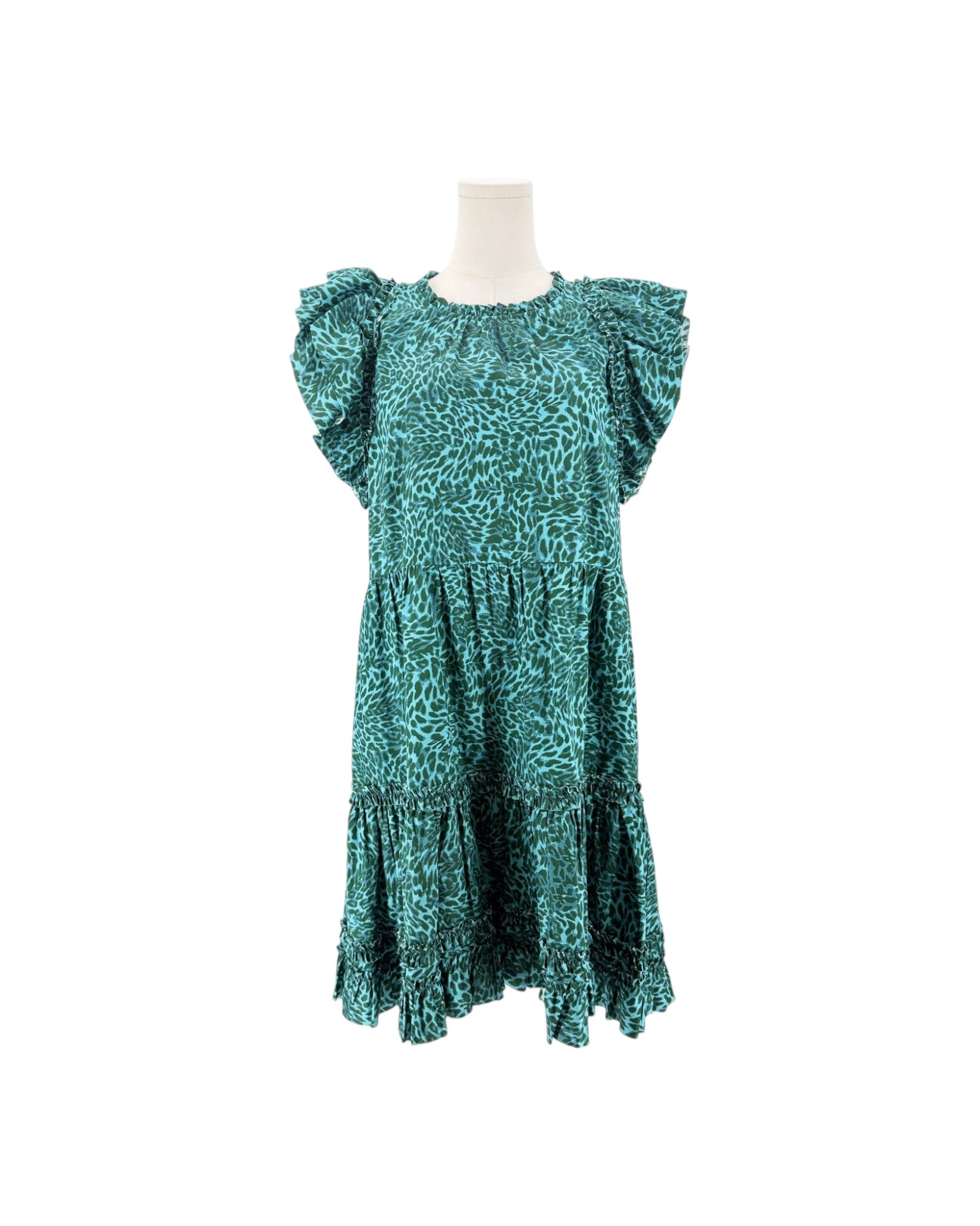 A teal green dress with an abstract animal print pattern, featuring puffed cap sleeves and a tiered skirt, displayed on a mannequin torso against a white background.