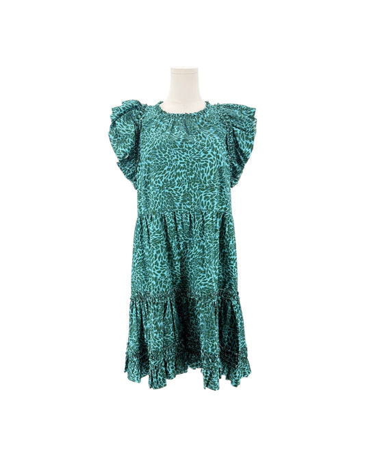 A teal green dress with an abstract animal print pattern, featuring puffed cap sleeves and a tiered skirt, displayed on a mannequin torso against a white background.